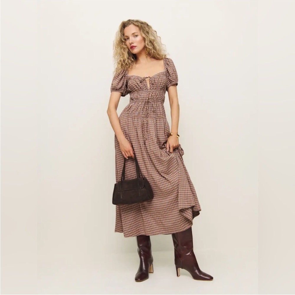Reformation Rhett Brown Checkered Women's Dress